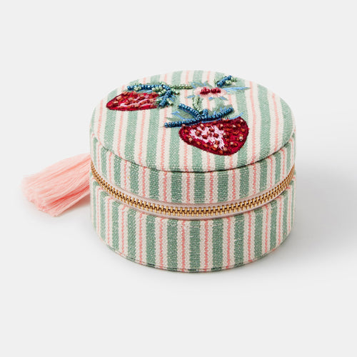 Round Strawberry Embroidered Travel Jewellery Box