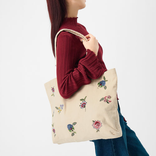 Floral Embroidered Corduroy Shopper Bag