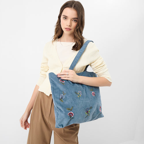 Floral Embroidered Corduroy Shopper Bag