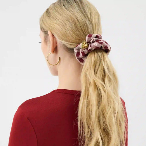 Heart Charm Check Print Scrunchie