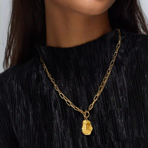 Waterproof Stainless Steel Nugget Charm T-Bar Necklace