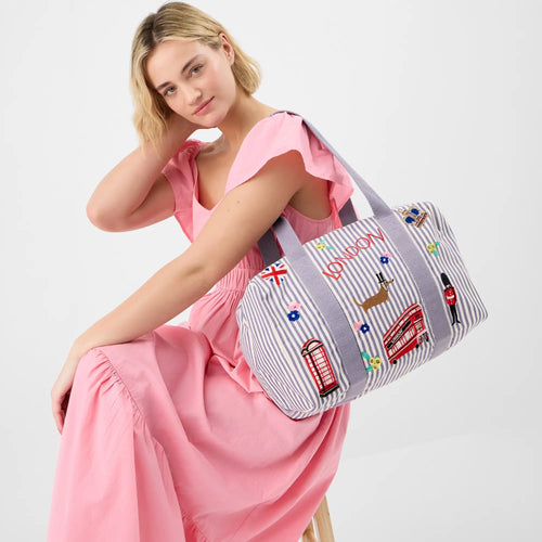 Purple Striped Travel Duffle Bag with Embroidered Prints