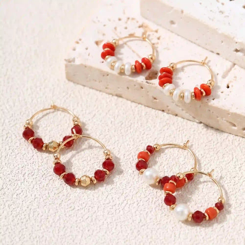 Red Beaded Hoop Earrings Pack of 3