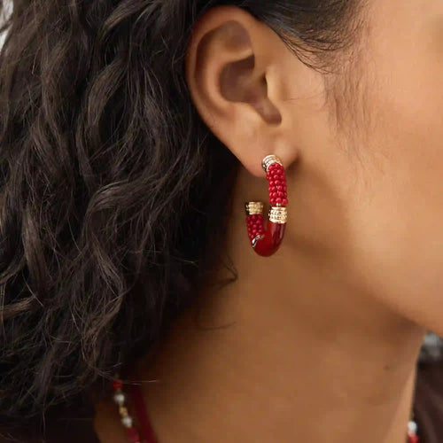 Red Mix Bead Hoop Earrings