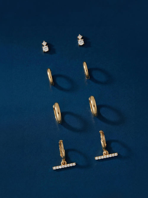 14k Gold-Plated Stud & T-Bar Hoop Earrings Pack Of 4