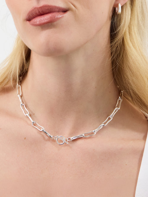 Sterling Silver-Plated Molten Link T-Bar Necklace