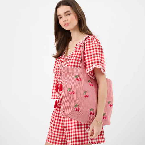 Red Cherry Stripe Shopper Tote Bag