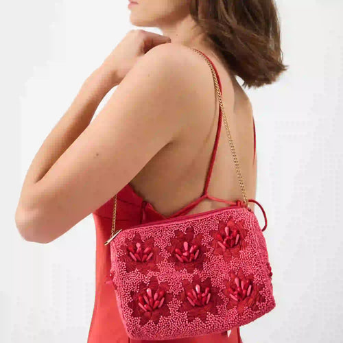 Pink Floral Bead Embellished Shoulder Bag