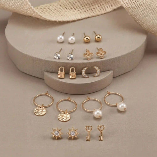 Pearl Charm Stud & Hoop Earrings Pack of 10