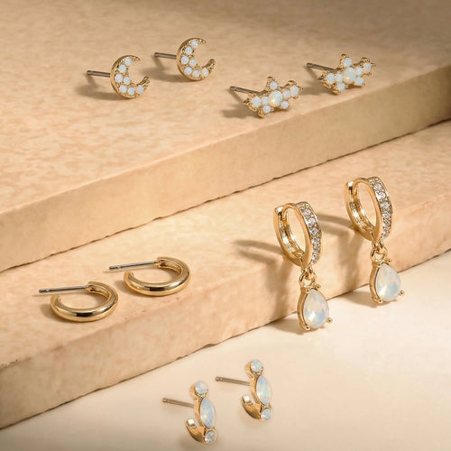 Stone Stud & Hoop Earrings Pack of 5