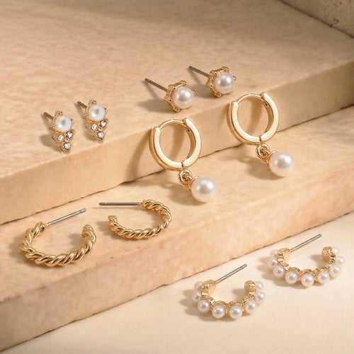 Pearl Stud & Twisted Hoop Earrings Pack of 5