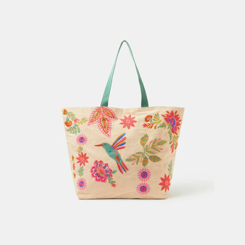 Beige Embroidered Beach Tote Bag