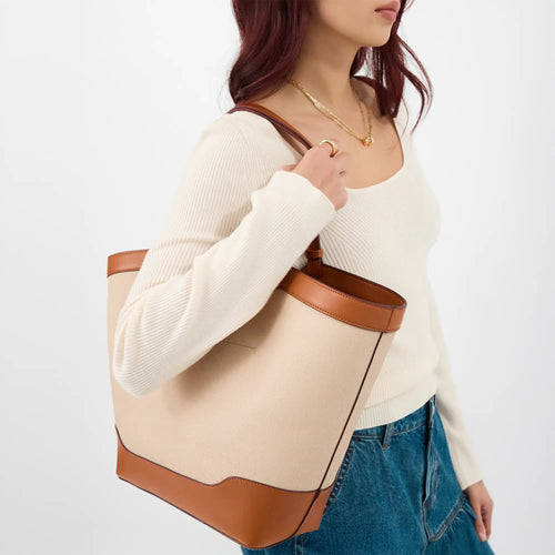 Beige Two Tone Canvas Tote Bag