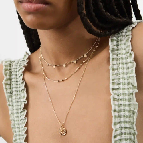 Filigree Coin Pendant Layered Necklace Gold