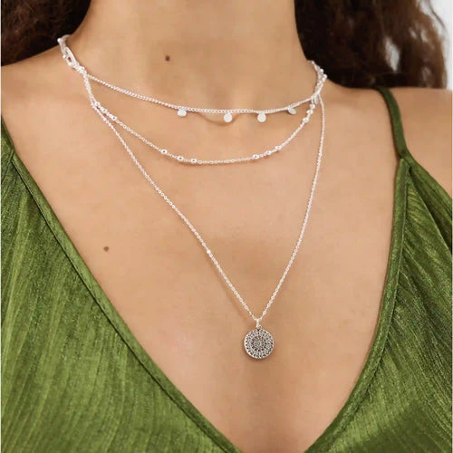 Filigree Coin Pendant Layered Necklace Silver