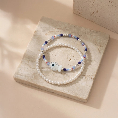 Fish & Pearl Bead Anklets Pack of 2