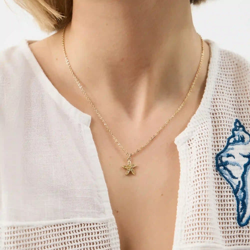Diamanté Starfish Pendant Necklace Gold
