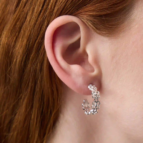 Flower Cut Out Hoop Earrings Silver