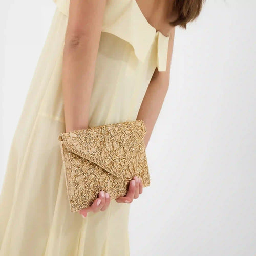 Gold Floral Embellished Envelope Clutch