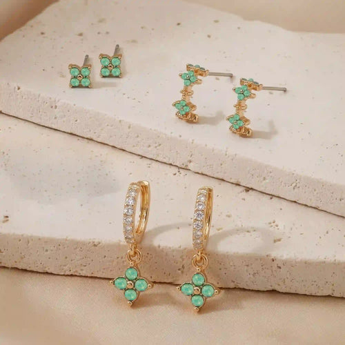 Green Flower Stud & Hoop Earrings Pack of 3