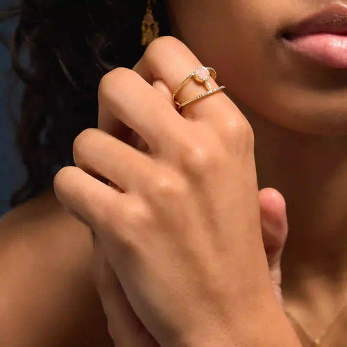 14k Gold-Plated Rose Quartz Double Band Ring Gold Medium
