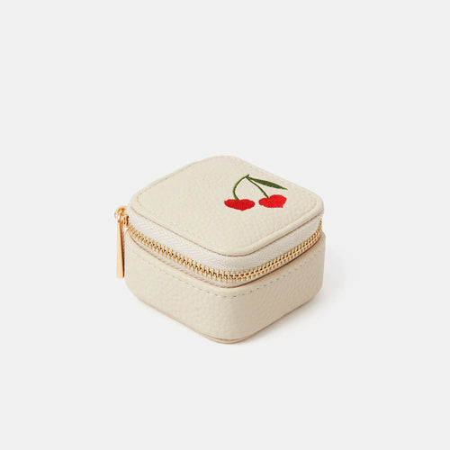 Cream Cherry Embroidered Travel Jewellery Box