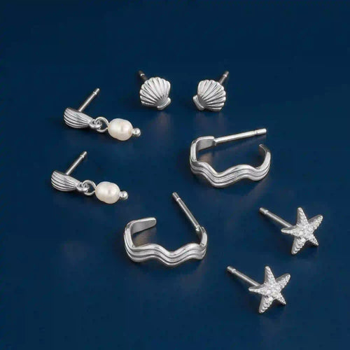 Sterling Silver-Plated Shell Stud & Hoop Earrings Pack Of 4