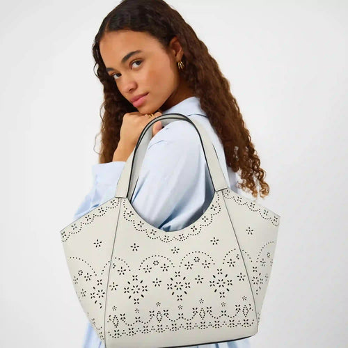White Laser Cut Shoulder Tote Bag
