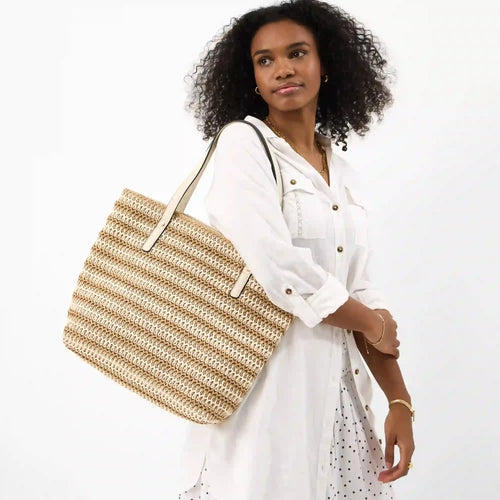Beige Stripe Raffia Shoulder Tote Bag