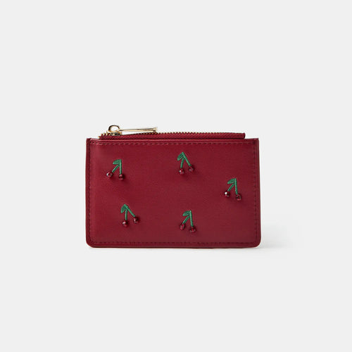 Red Beaded Cherry Zip Cardholder