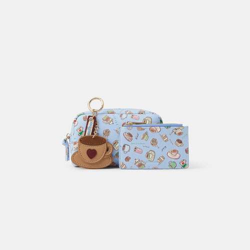 Blue Coffee Print Pouch, Zipped Card Holder and Bag Charm