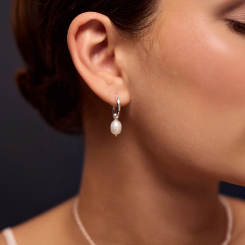 Sterling Silver-Plated Chunky Pearl Drop Hoop Earrings