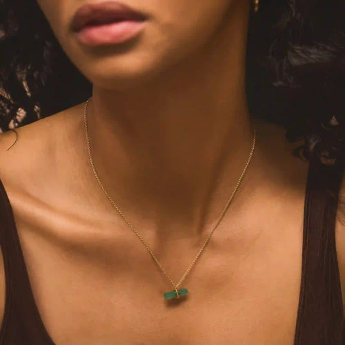 14k Gold-Plated Healing Green Stone T-Bar Necklace