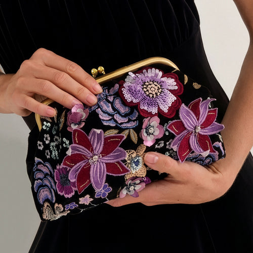 Black Floral Beaded Clutch