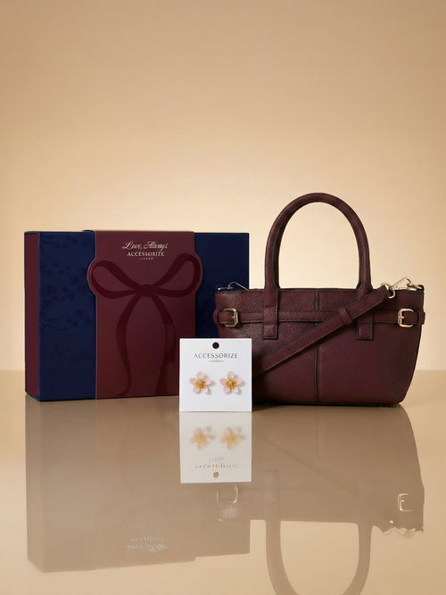 Floral Stud Earrings & Buckle Strap Handbag (Valentine’s Gift Hamper Box)