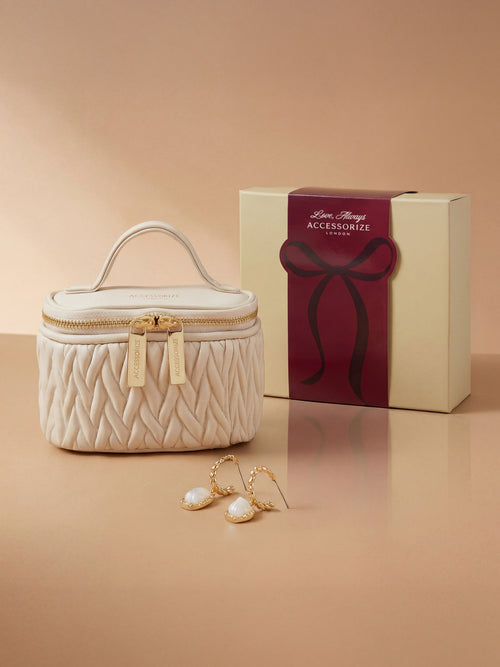 Pearl Drop Earrings & Quilted Vanity Case (Valentine’s Gift Hamper Box)