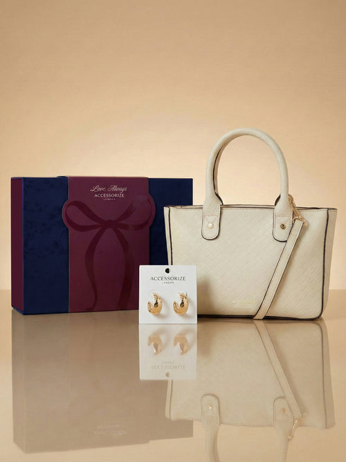 Gold Hoop Earrings & Woven Faux Leather Handbag Valentine’s Gift Hamper
