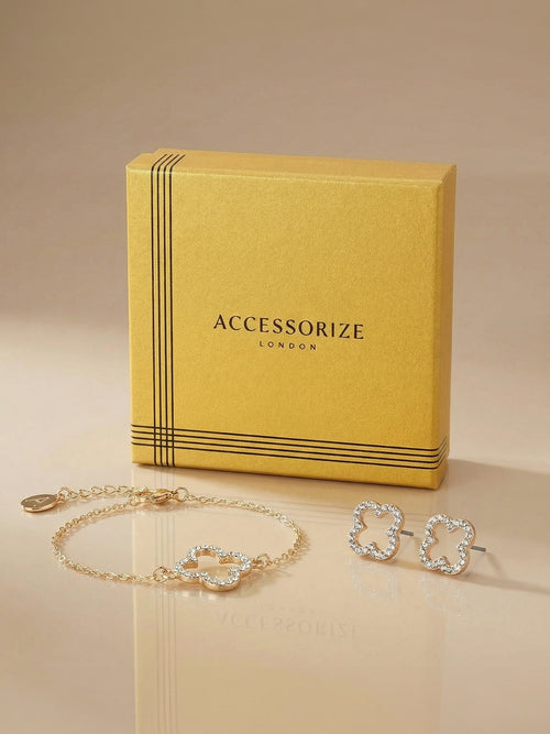 Gold Pavé Cut Out Flora Bracelet and Earring Set of 2