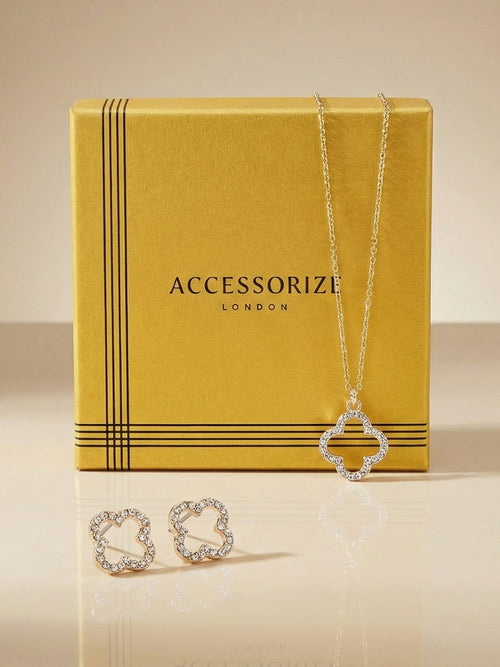Pavé Cut Out Flora Pendant Necklace and Earring Set of 2
