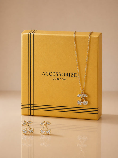 Gold Crystal Cherry Necklace & Earring Gift Set