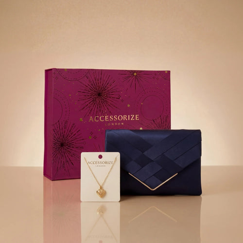 Navy Pleated Clutch and Heart Pendant Necklace Gift Pack of 2