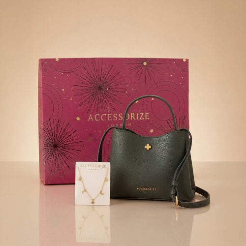 Dark Green Textured Bag and Celestial Necklace Gift Pack of 2
