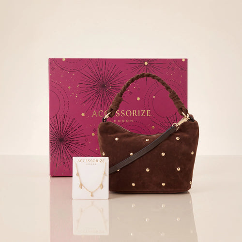 Brown Studded Bag and Leaf Charm Bracelet Gift Pack of 2