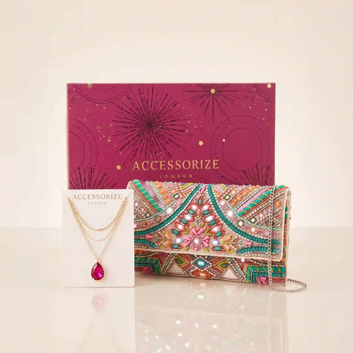 Multi-Beaded Embellished Clutch and Layered Pendant Necklace Gift Pack of 2