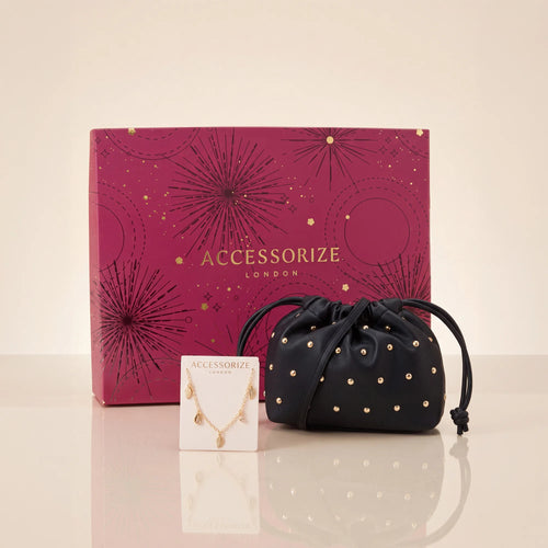 Black Studded Drawstring Bag and Charm Bracelet Gift Pack of 2