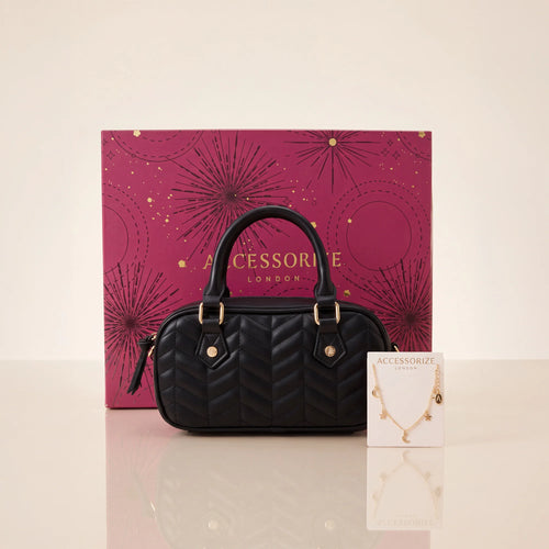 Black Quilted Bowler Bag and Celestial Bracelet Gift Pack of 2