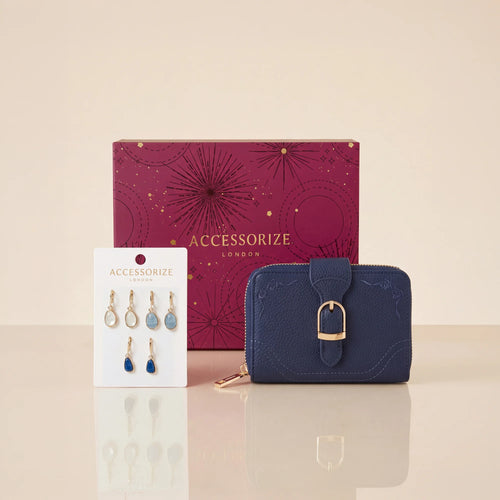 Navy Buckle Wallet and Multi-Stone Drop Earring Set Gift Pack of 2