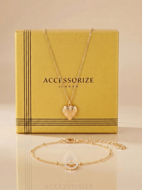Heart Locket Pendant Necklace And Heart Pave Bracelet Gift Set Pack of 2