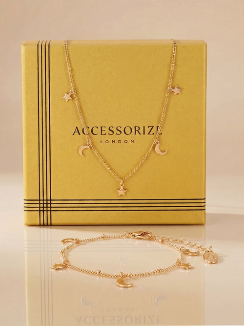 Celestial Stars & Moon Station Necklace & Bracelet Gift Set Pack of 2