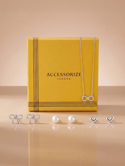 Silver Crystal Eternity Necklace & Mixed Stud Earring Gift Set Pack of 2